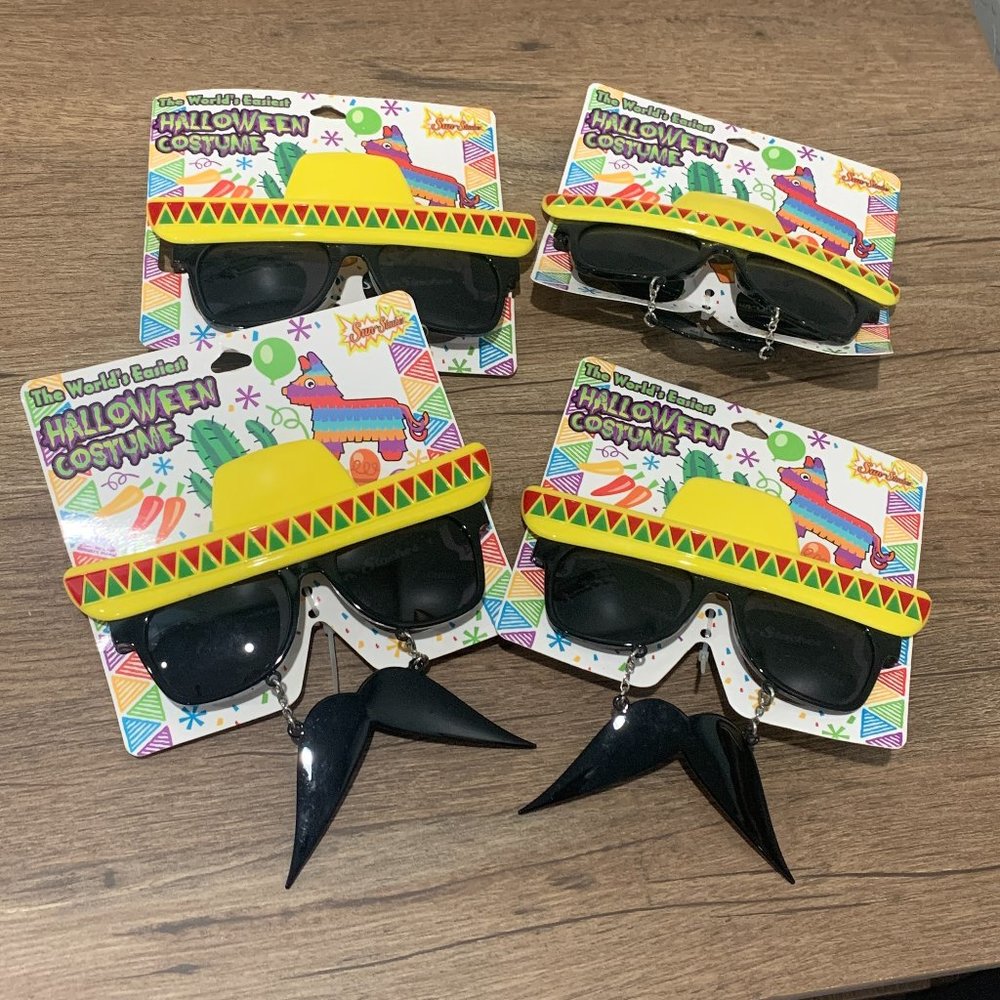 SET OF 4 Sombrero Hat Sunglasses with Mustache Mexican Costume NWT Sun-Staches